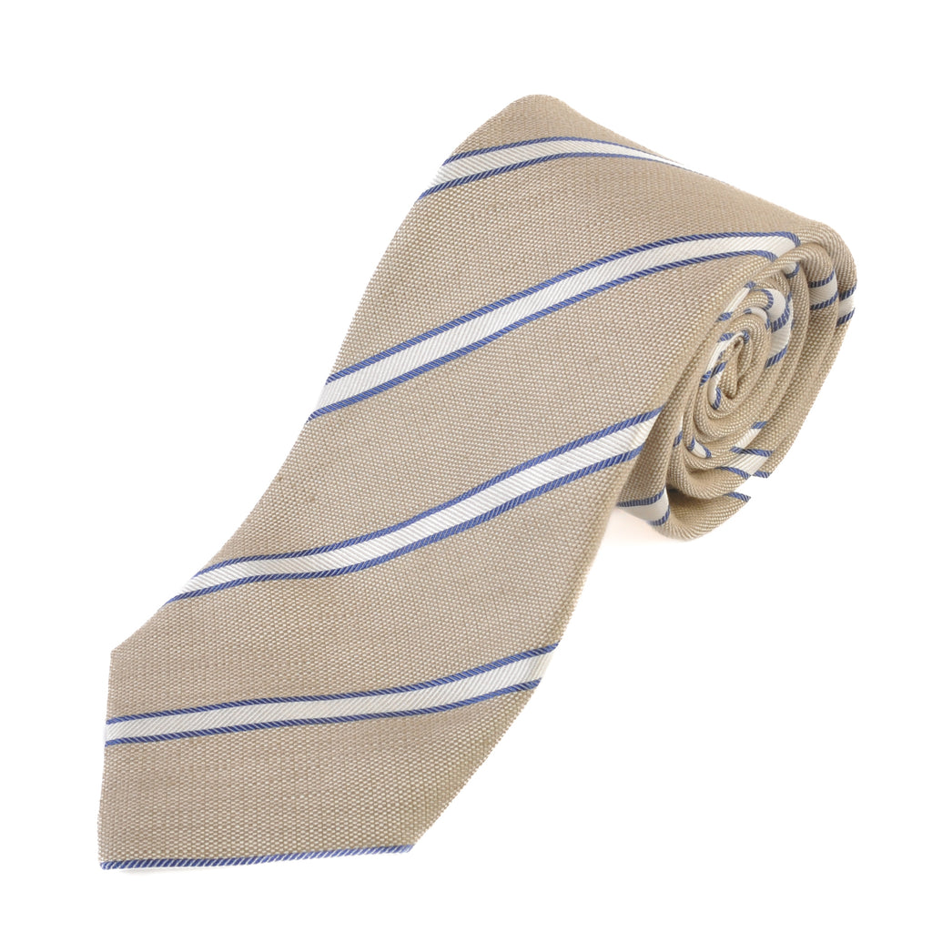 Canali 1934 White on Sand Brown Striped Linen Blend Tie