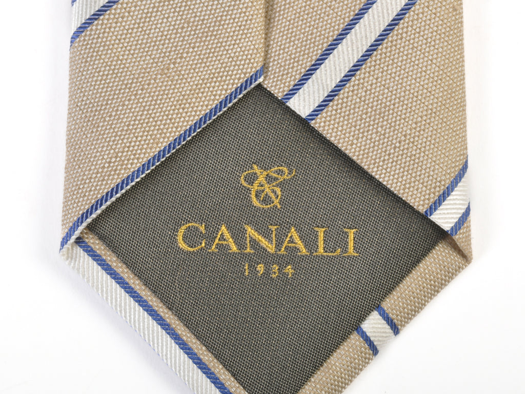 Canali 1934 White on Sand Brown Striped Linen Blend Tie