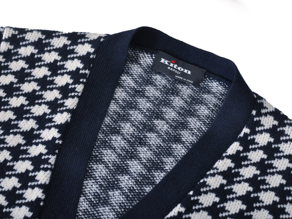 Kiton White on Black Houndstooth Cashmere Cardigan Sweater
