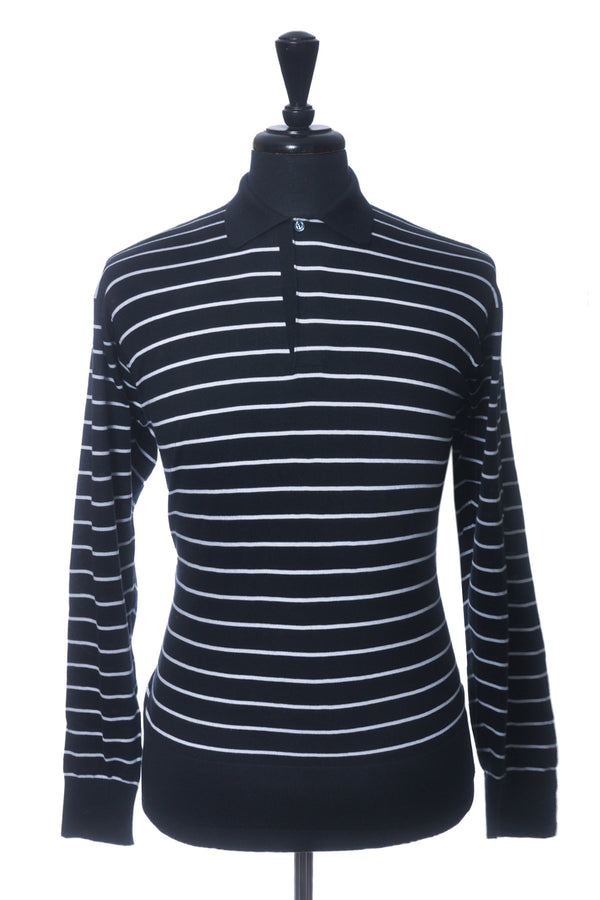 Loro Piana Black Striped Long Sleeve Polo