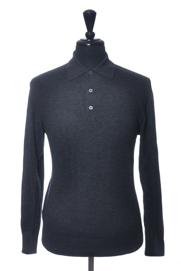 Brioni Dark Grey Silk Cashmere Collared Knit