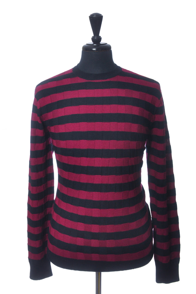 Emporio Armani Deep Raspberry on Black Striped Crew Neck Sweater