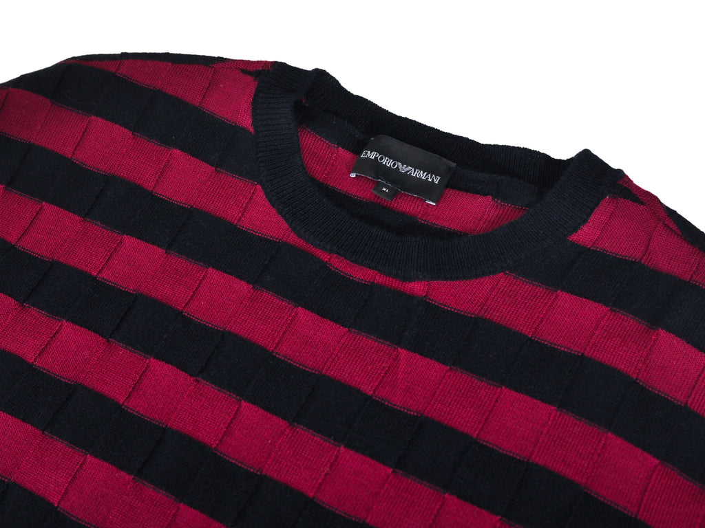 Emporio Armani Deep Raspberry on Black Striped Crew Neck Sweater