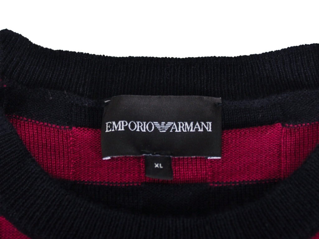 Emporio Armani Deep Raspberry on Black Striped Crew Neck Sweater