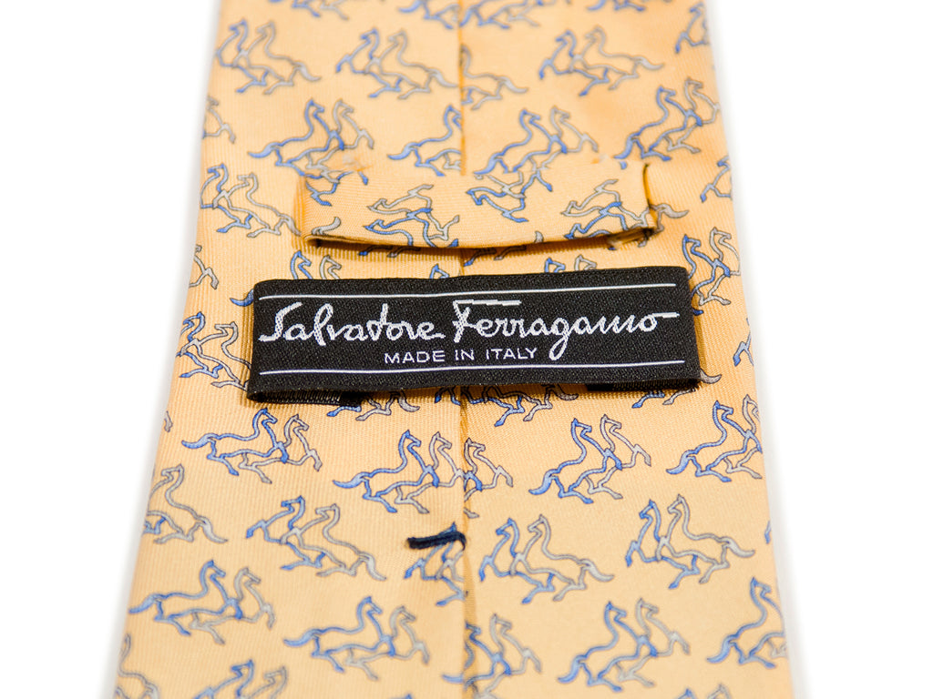 Salvatore Ferragamo Prancing Horses Light Yellow Tie. Luxmrkt.com menswear consignment Edmonton.
