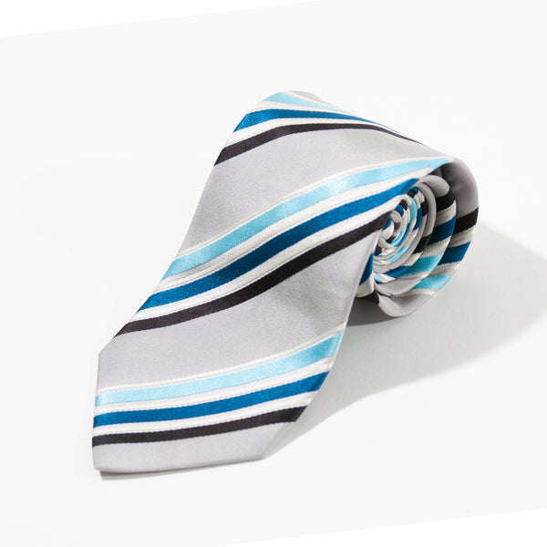 Hugo Boss Blue on Grey Striped Silk Tie for Luxmrkt.com Menswear Consignment Edmonton
