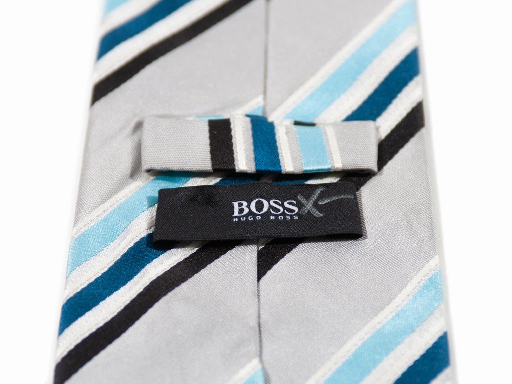 Hugo Boss Blue on Grey Striped Silk Tie for Luxmrkt.com Menswear Consignment Edmonton