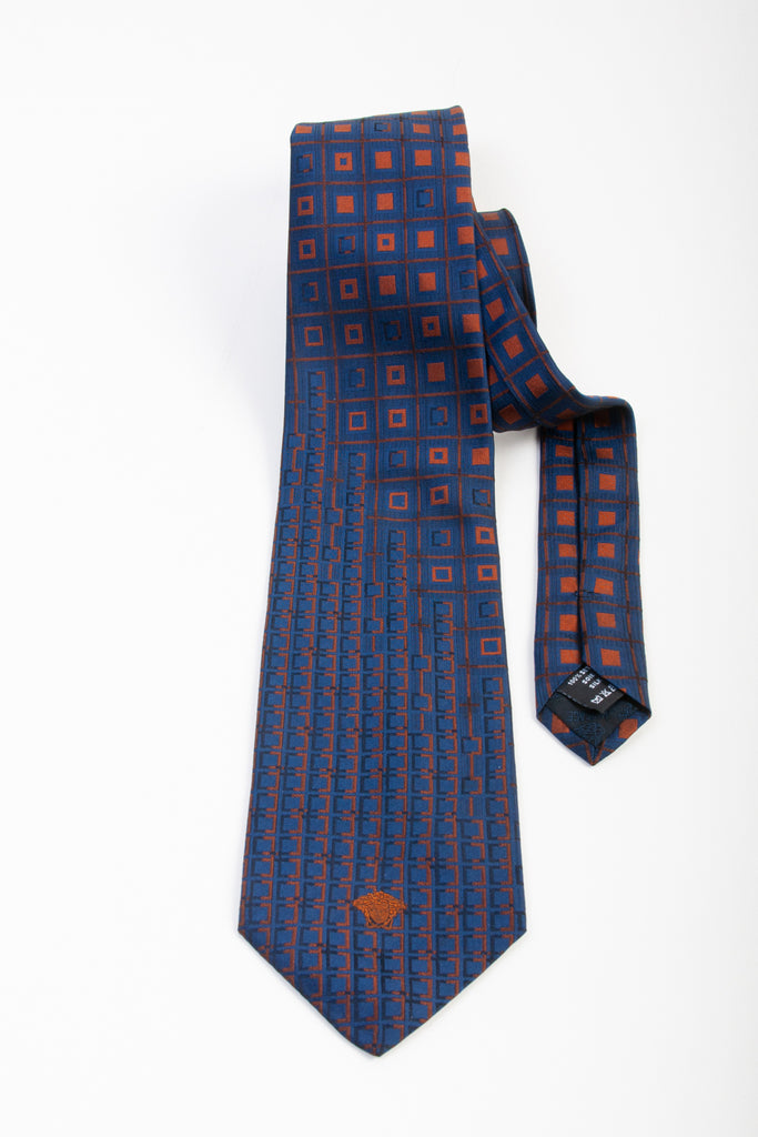 Versace Brown on Navy Blue Geometric Patterned Silk Tie for Luxmrkt.com Menswear Consignment Edmonton