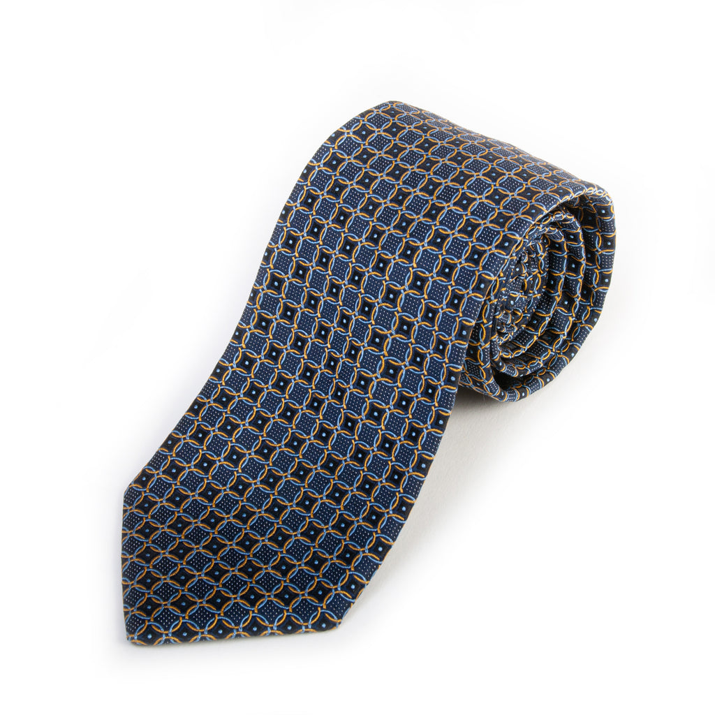 Dion Navy Blue Geometric Italian Silk Tie for Luxmrkt.com Menswear Consignment Edmonton