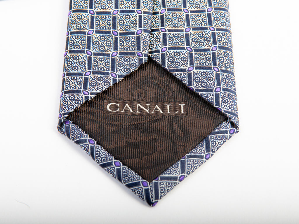Canali Lilac on Navy Blue Geometric Patterned Silk Tie for Luxmrkt.com Menswear Consignment Edmonton