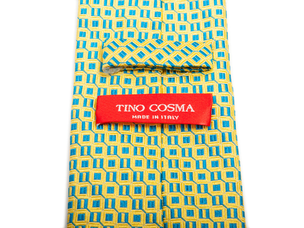 Tino Cosma Yellow and Blue Geometric Patterned Silk Tie for Luxmrkt.com Menswear Consignment Edmonton
