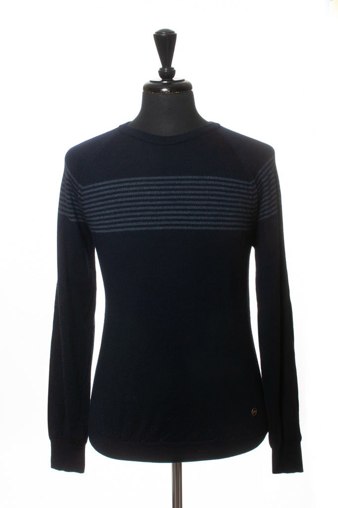 J.Lindeberg Navy Blue Elon Striped Merino Wool Sweater for Luxmrkt.com Menswear Consignment Edmonton