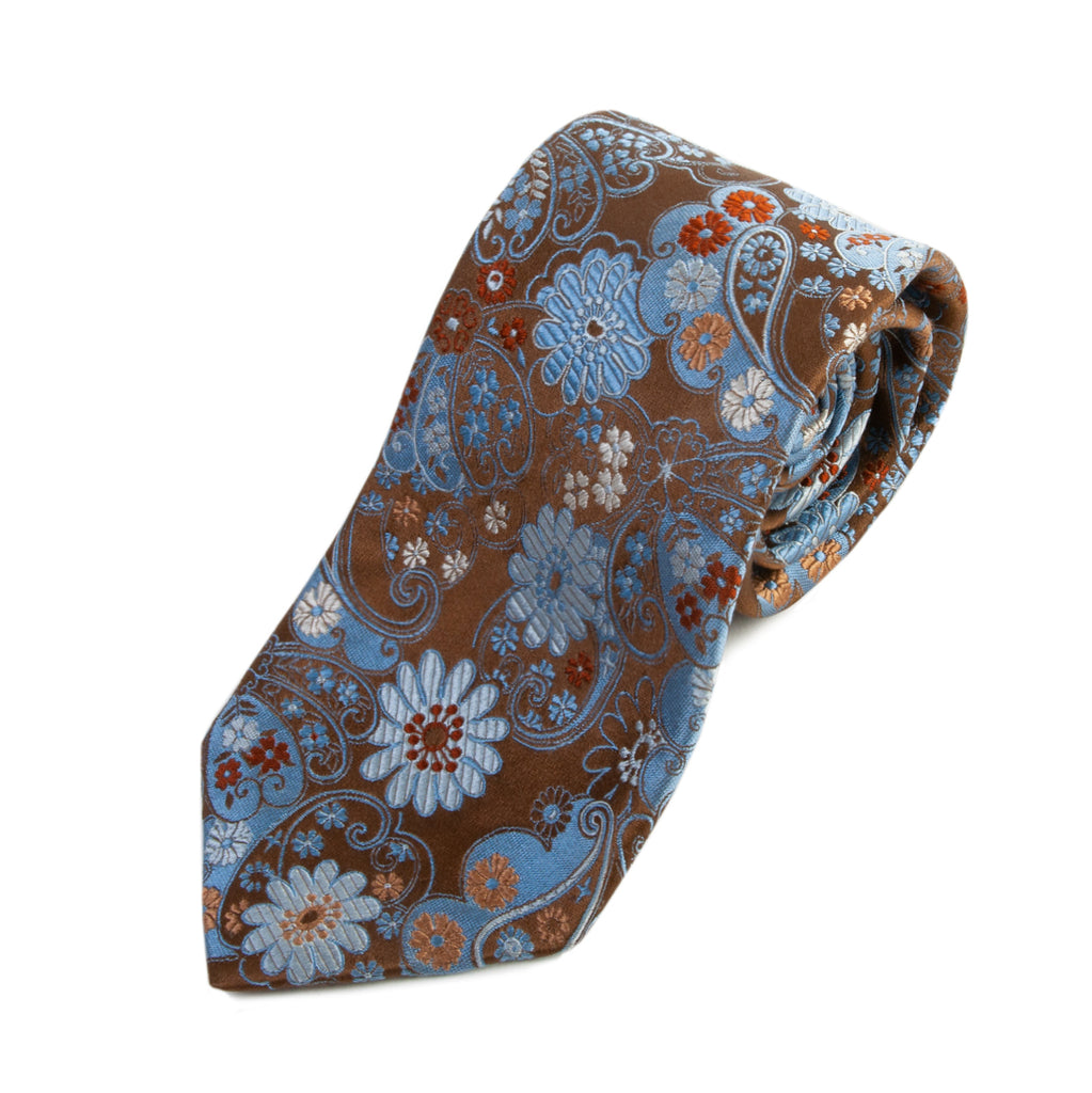 XMI Platinum Blue on Brown Floral Italian Silk Tie