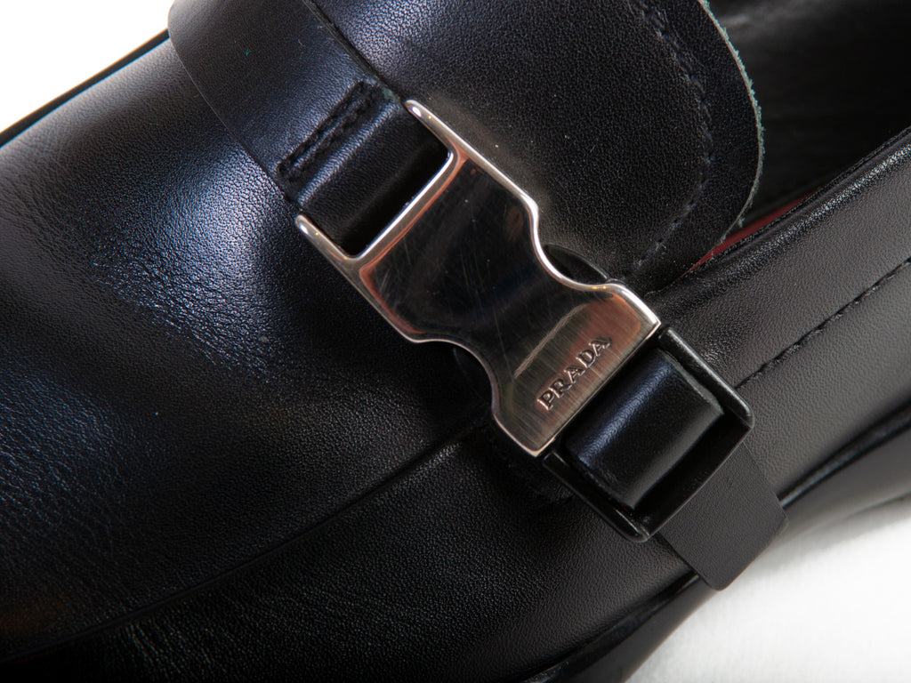 Prada Black Leather Buckle Loafers