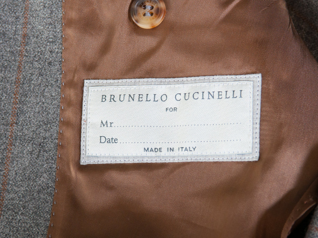 Brunello Cucinelli Grey Striped Double Breasted Suit at Luxmrkt.com menswear consignment Edmonton.