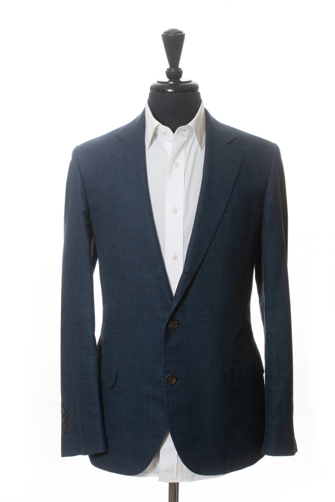 Brunello Cucinelli Blue Puppytooth Silk Linen Suit