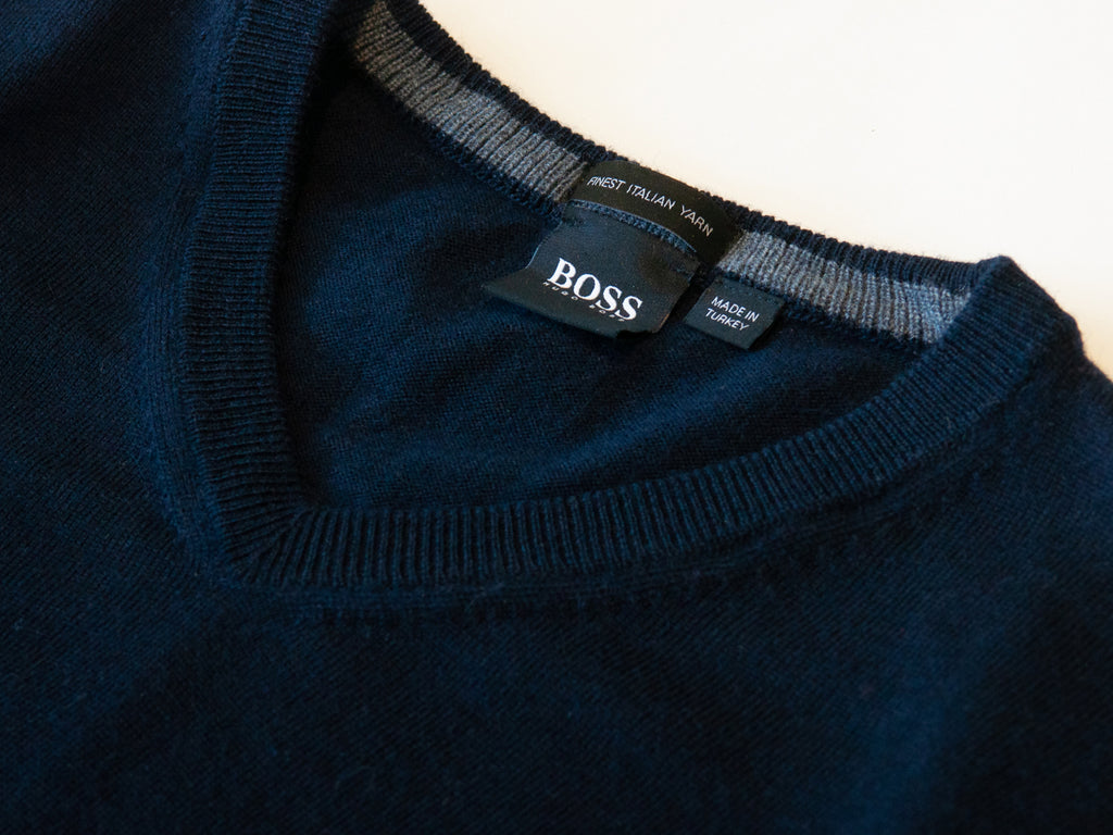 Hugo Boss Navy Blue Baram Wool V-Neck Sweater