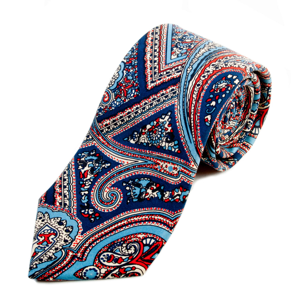 Drakes Blue Paisley Printed Silk Tie