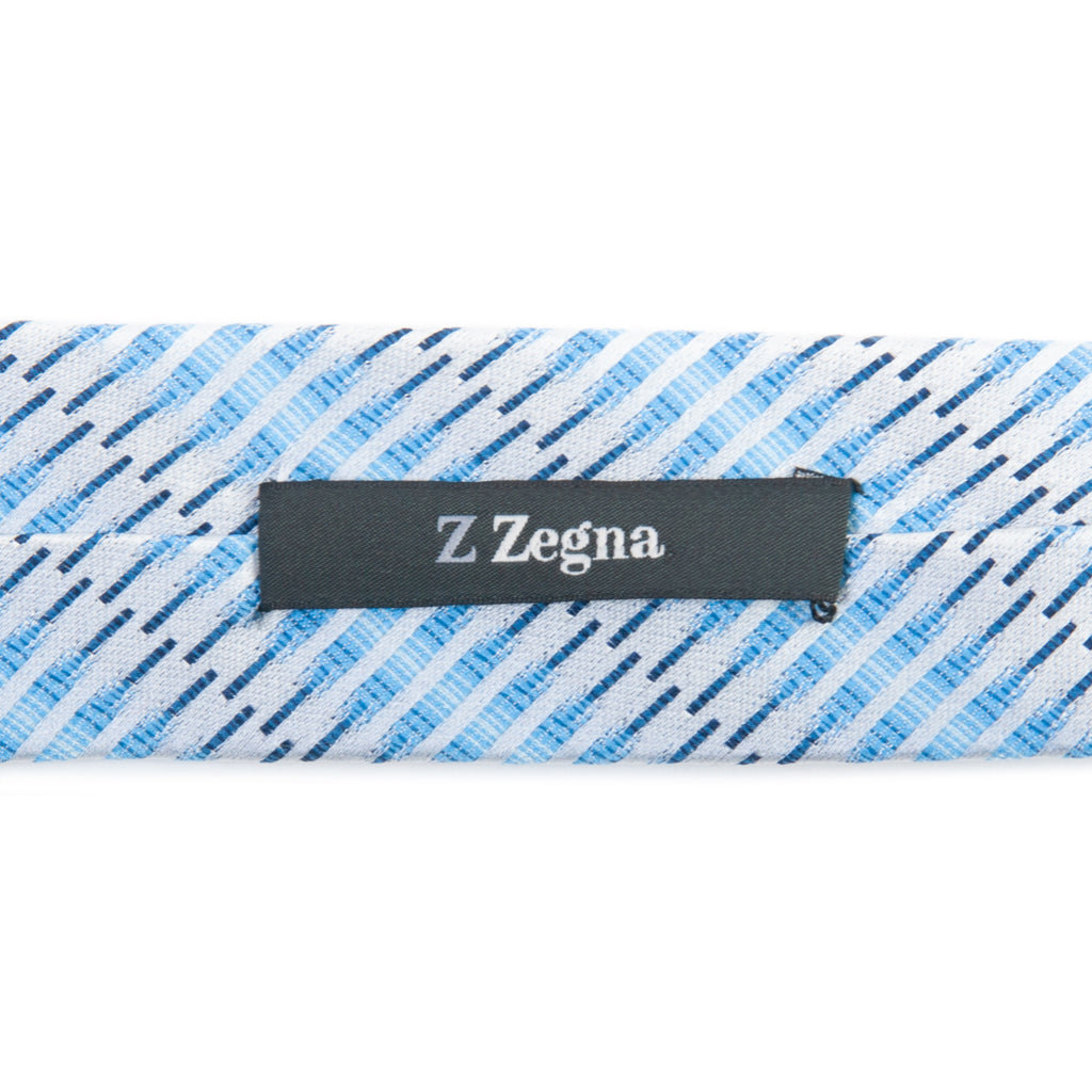 ZZegna Blue on Silver Geometric Striped Skinny Tie