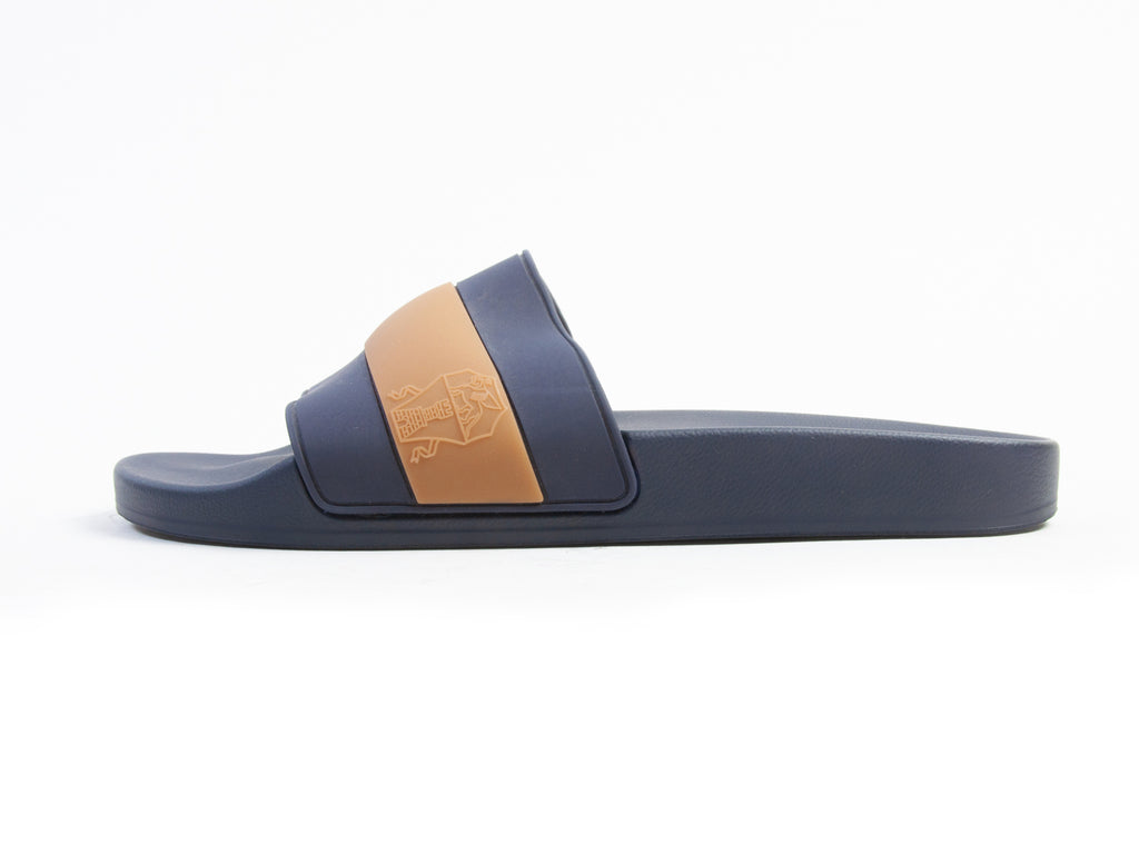 Brunello Cucinelli NWOB Brown on Navy Blue Stripe Slides
