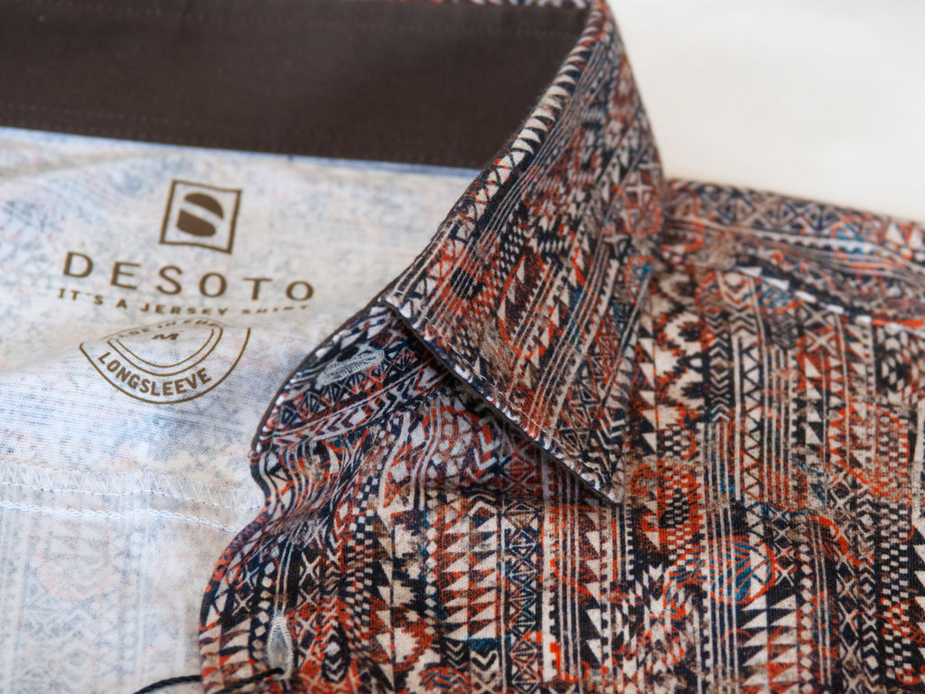 Desoto Brown Geometric Print Jersey Knit Shirt