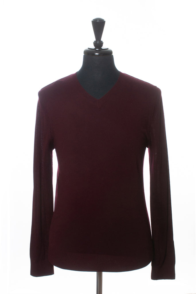 Patrick Assaraf Burgundy Merino Wool V-Neck Sweater