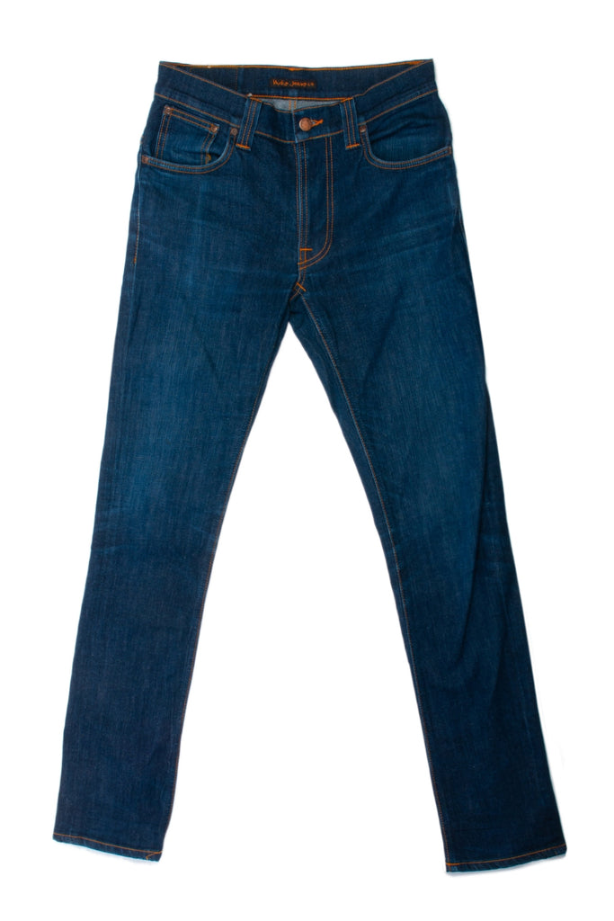Nudie Blue Thin Finn Dry Ecru Embo Jeans