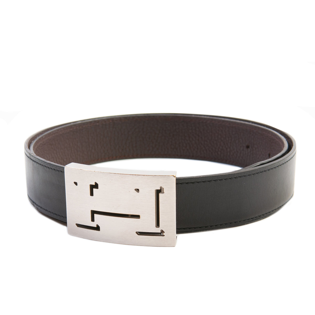 Hermes Brown/ Black Leather Belt with hammered Silver H Buckle Hermes Black and Dark Brown Leather Belt with Silver H Buckle main image 2