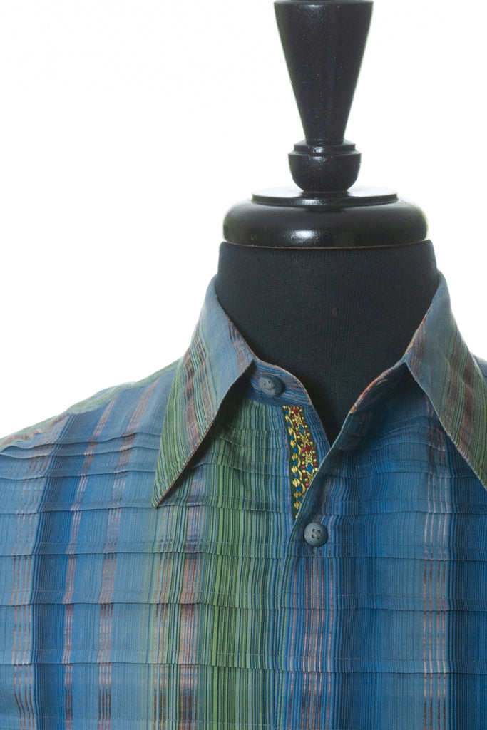 Robert Graham Blue Pleated Stripe Patterned Shirt