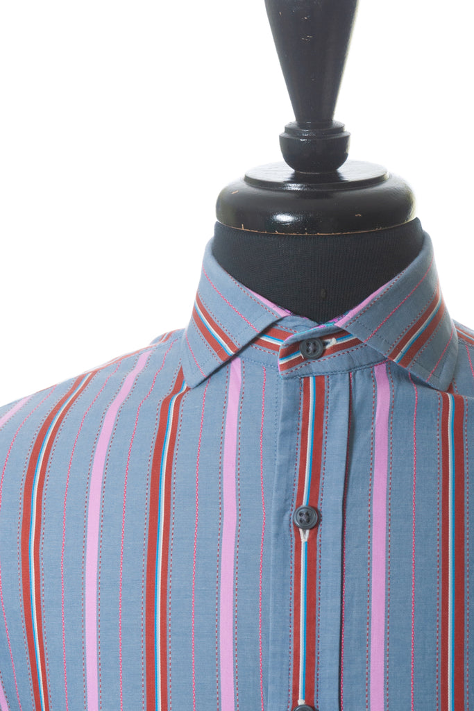Robert Graham Pink on Gray Stripe Silk Floral Embroidered Shirt